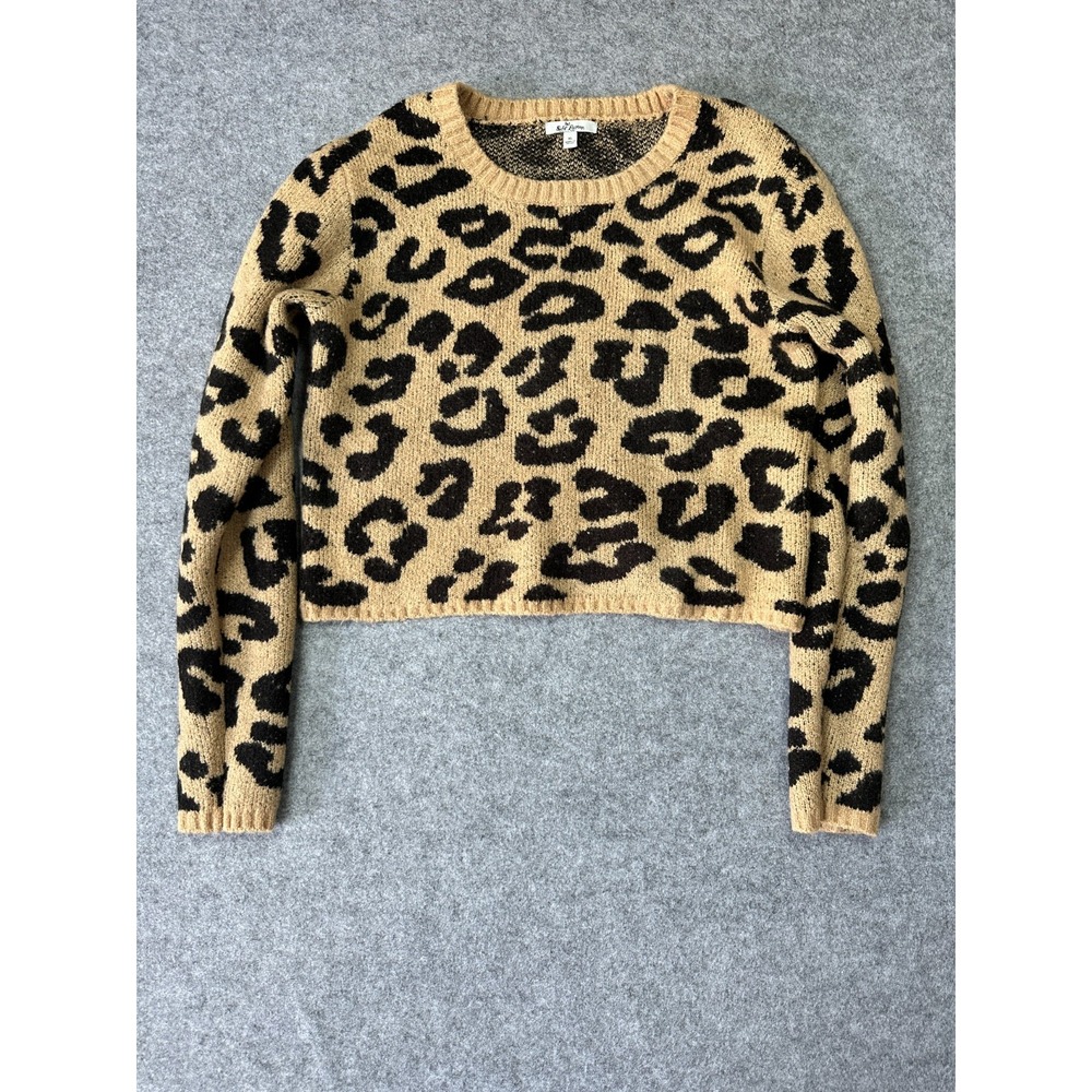 Self Esteem Cropped‎ Sweater Womens XL Beige Leopard Print Tight Knit Warm Cozy